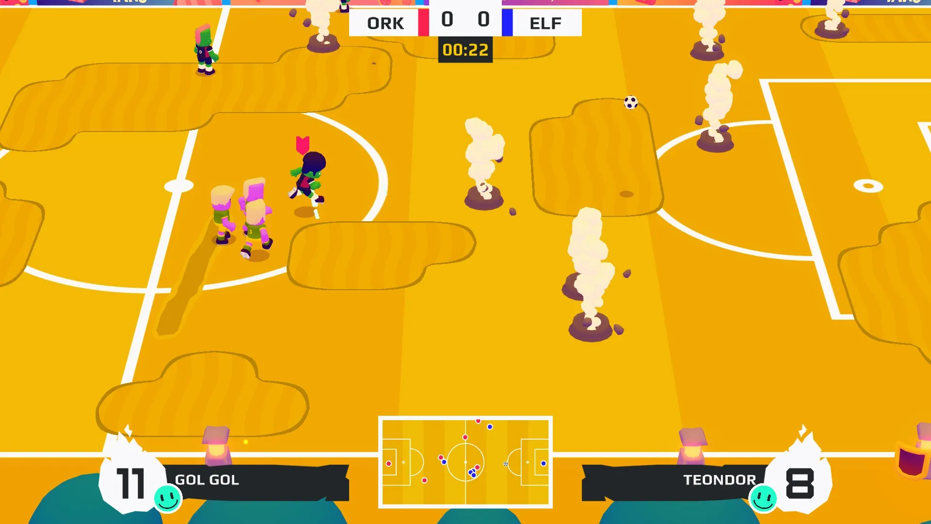 GOAL3: Ork team dribbles on sandy field dodging geysers, score tied 0-0, 22 seconds elapsed