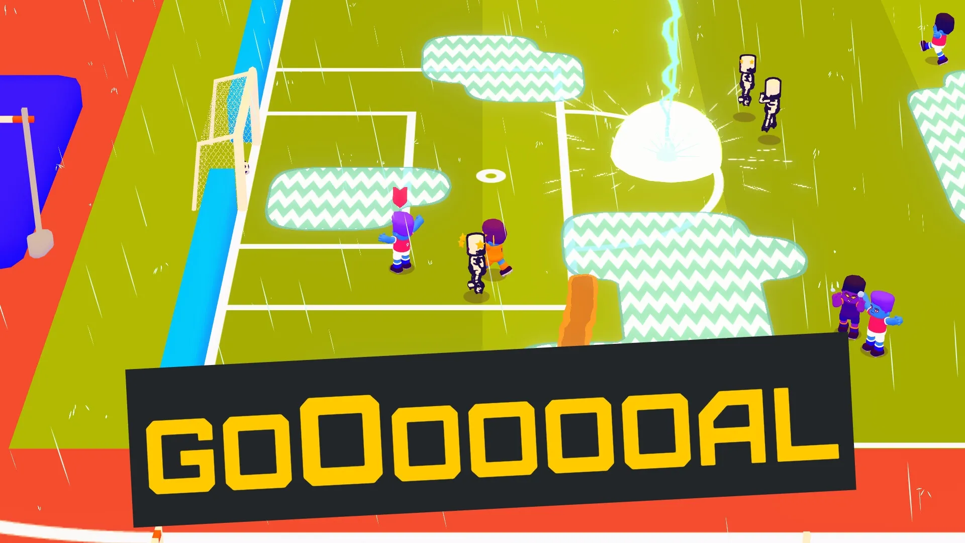GOAL3: Players celebrate on vibrant soccer field with zigzag patterns, lightning strike, and goal banner