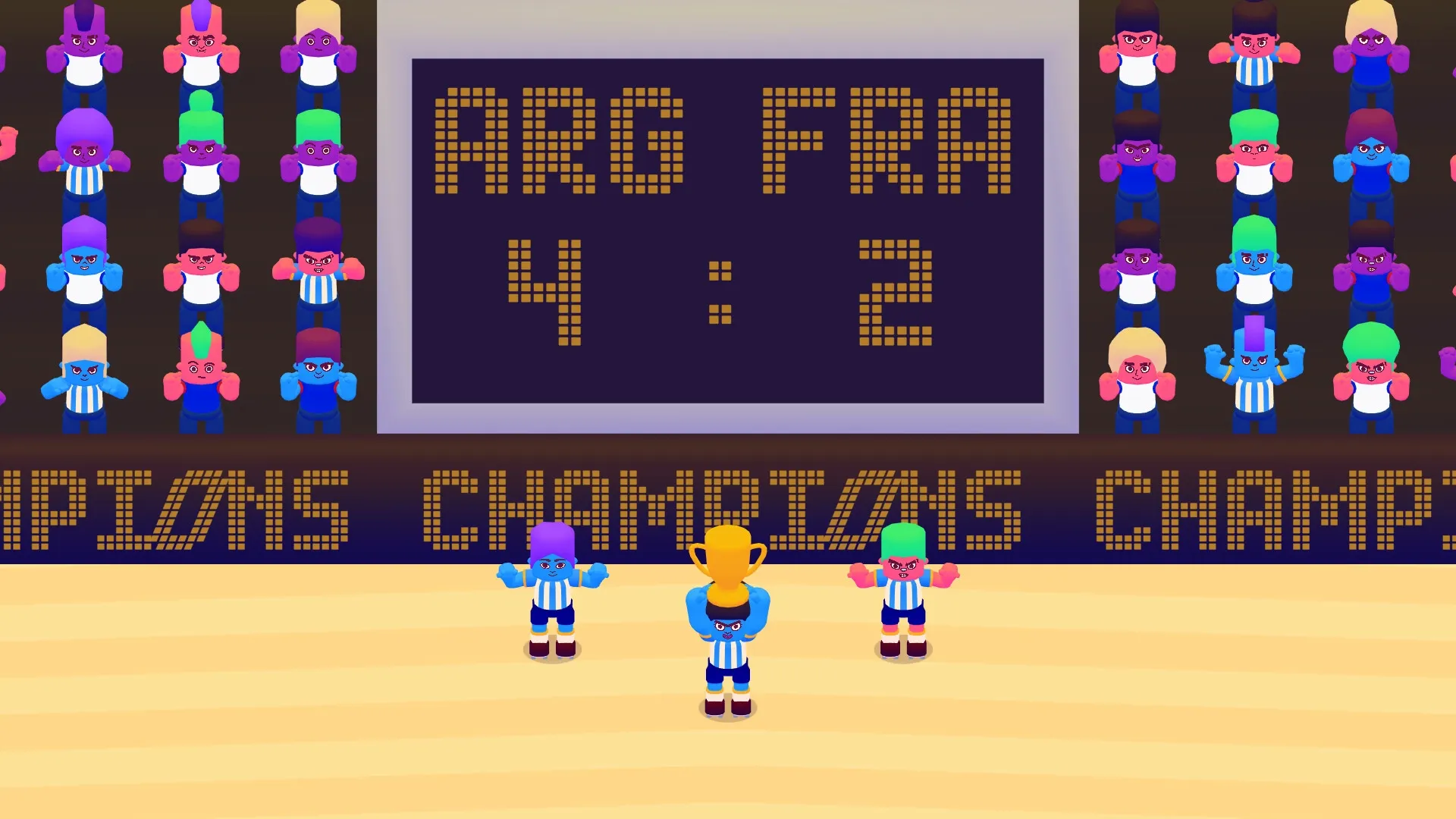 GOAL3: Victory celebration with trophy on player's head, score 4-2 displayed, crowd cheering in arena