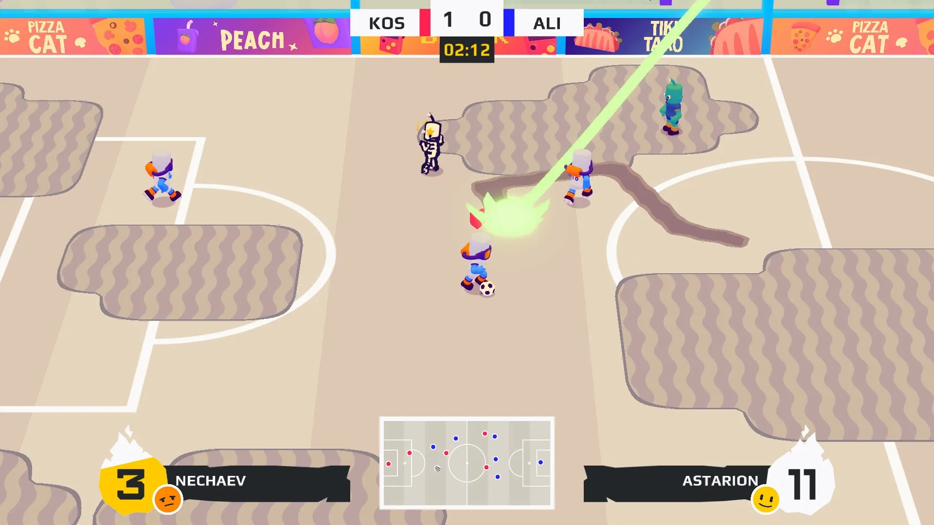 GOAL3: Cartoon soccer match with players and obstacles in an arena, score 1-0, timer at 02:12