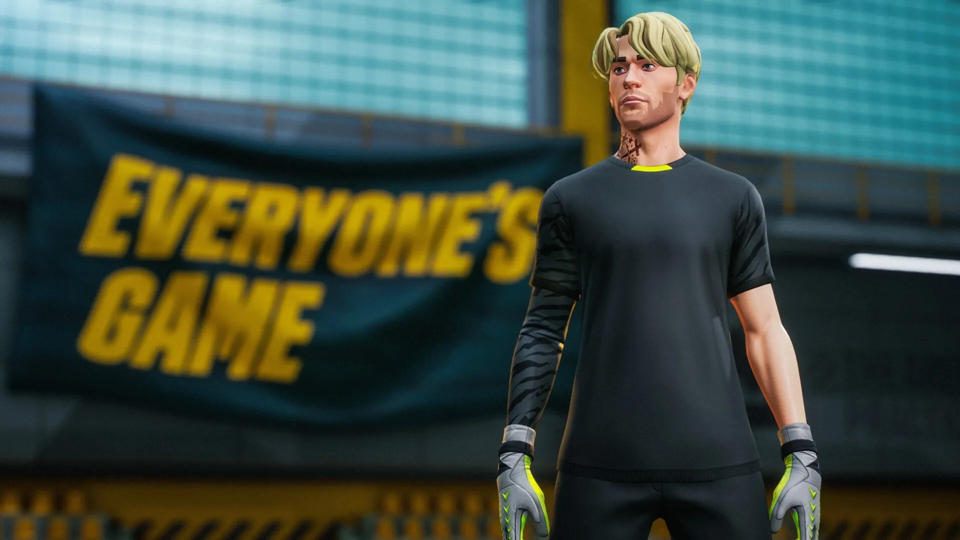GOALS: Player character in black jersey stands in front of banner reading "EVERYONE'S GAME" in stadium.