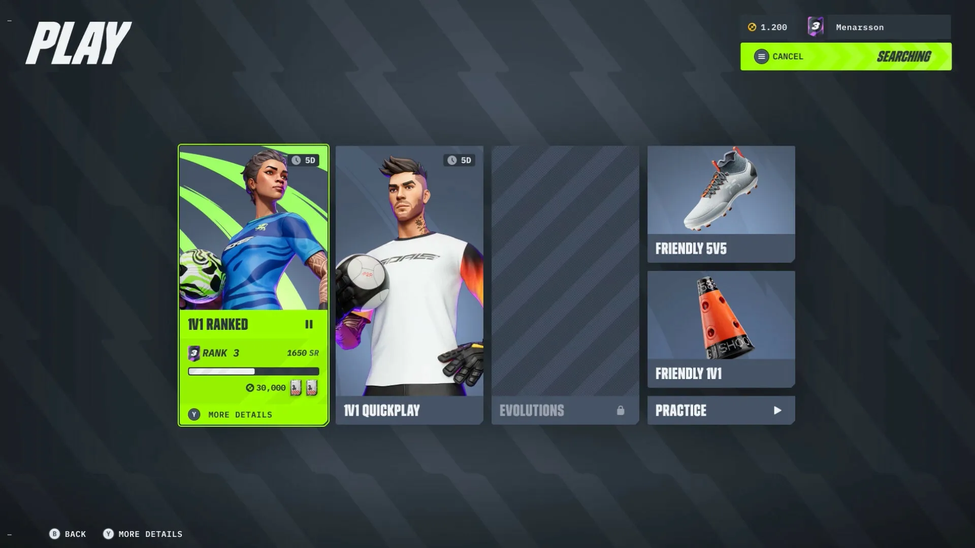GOALS: Character selection with ranked and quickplay options in a sleek, modern game menu interface