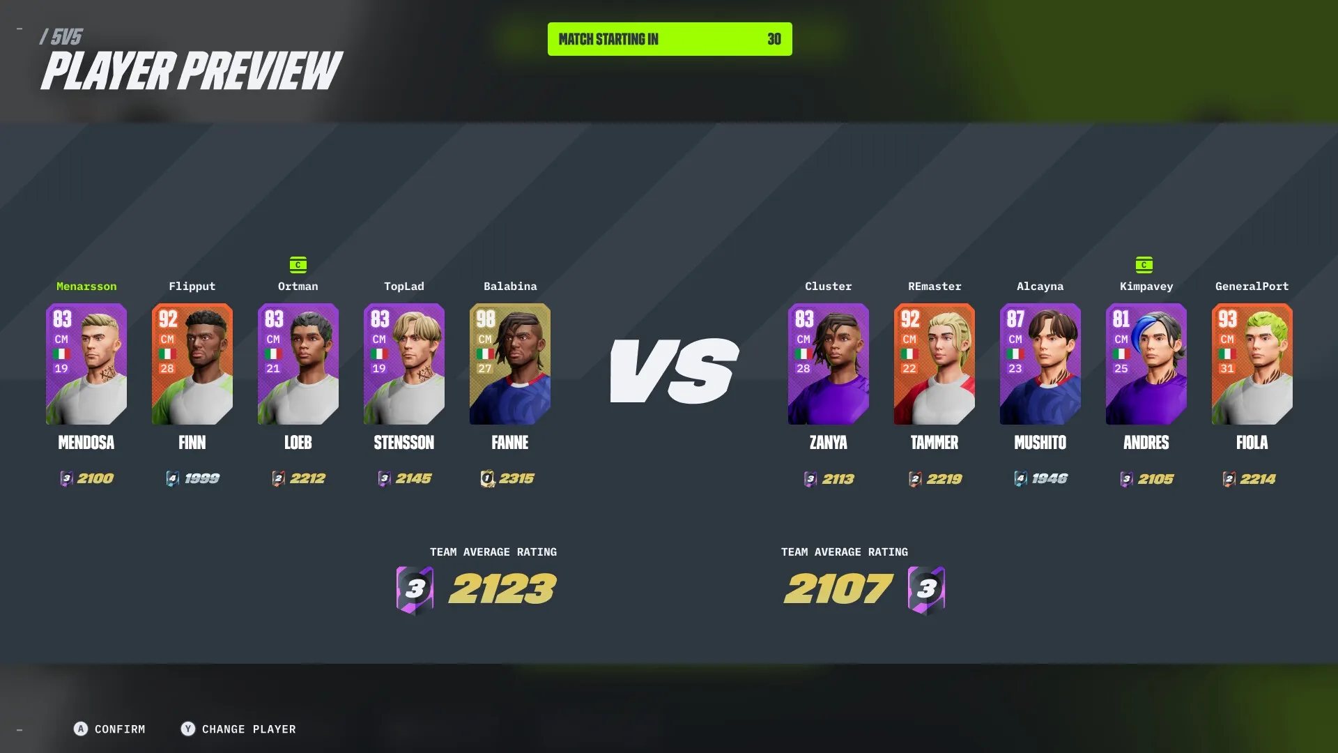 GOALS: Player preview screen showing two teams' lineups and ratings before a 5v5 match starts