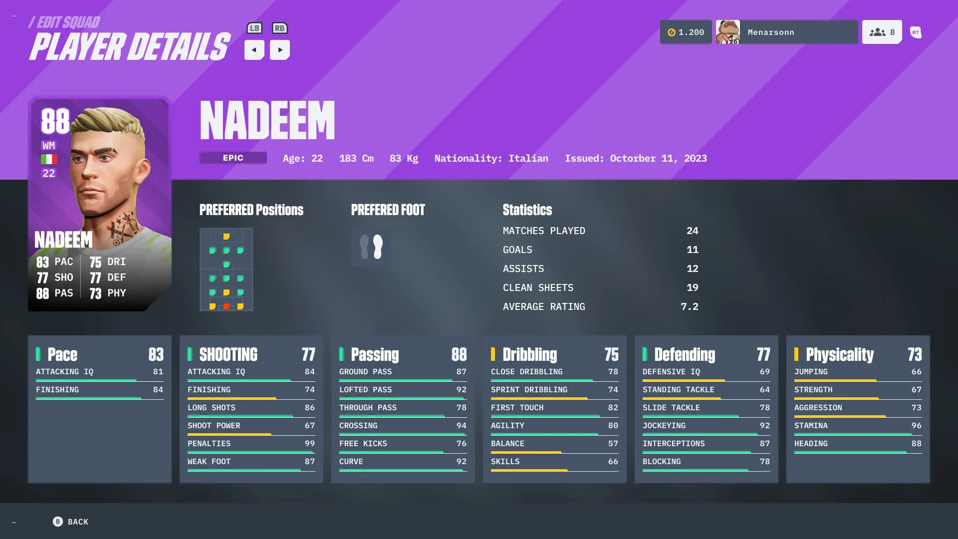 GOALS: Player details screen featuring Nadeem's stats and preferred positions in a football game environment