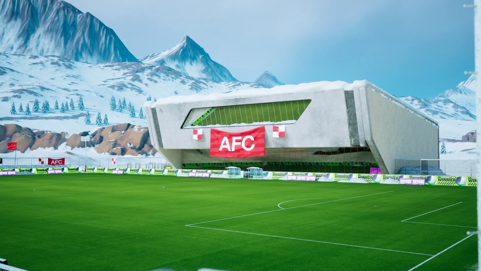 GOALS: Snow-covered stadium with AFC banner in a mountain setting