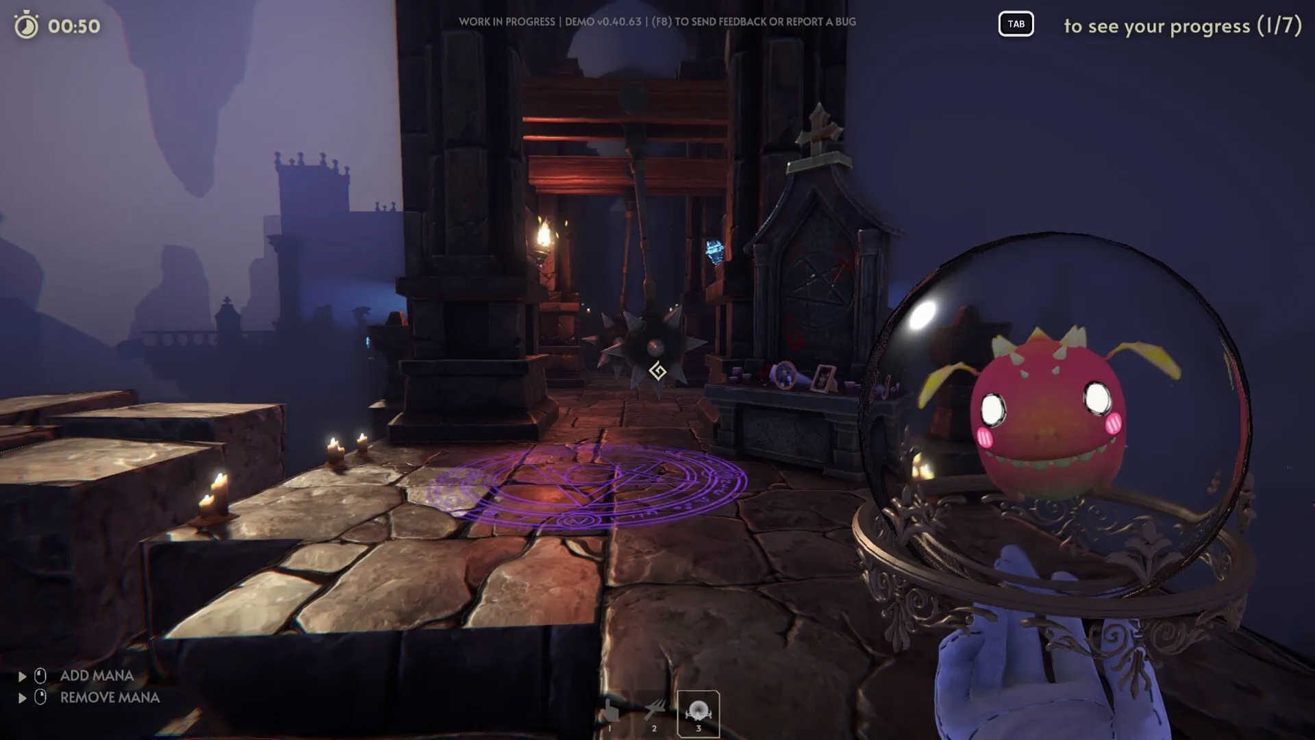 Goblin Cleanup: Player holds a magical orb in a dimly lit dungeon with traps and mysterious symbols