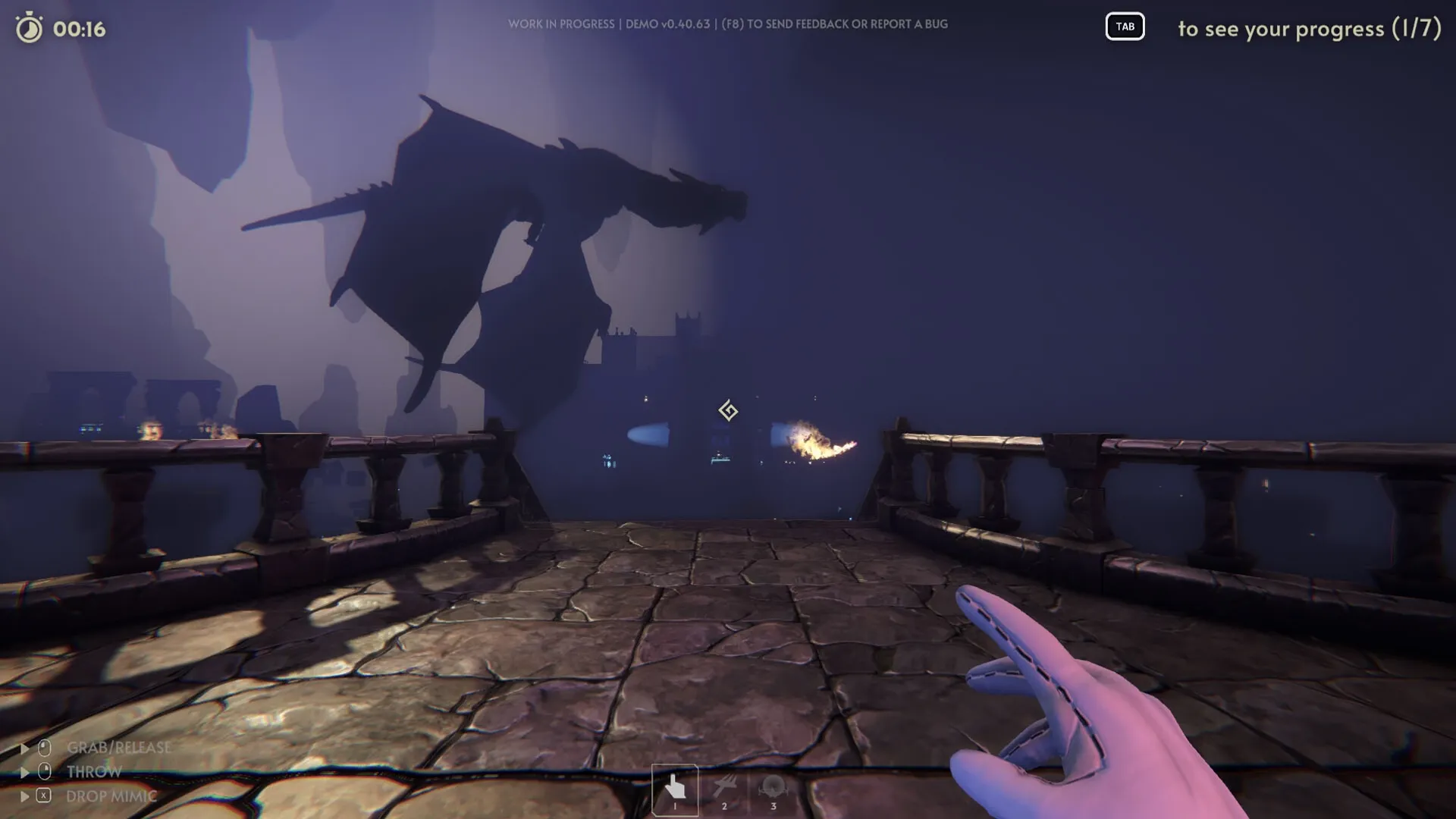 Goblin Cleanup: Facing a massive dragon shadow on a stone bridge with hand controls displayed