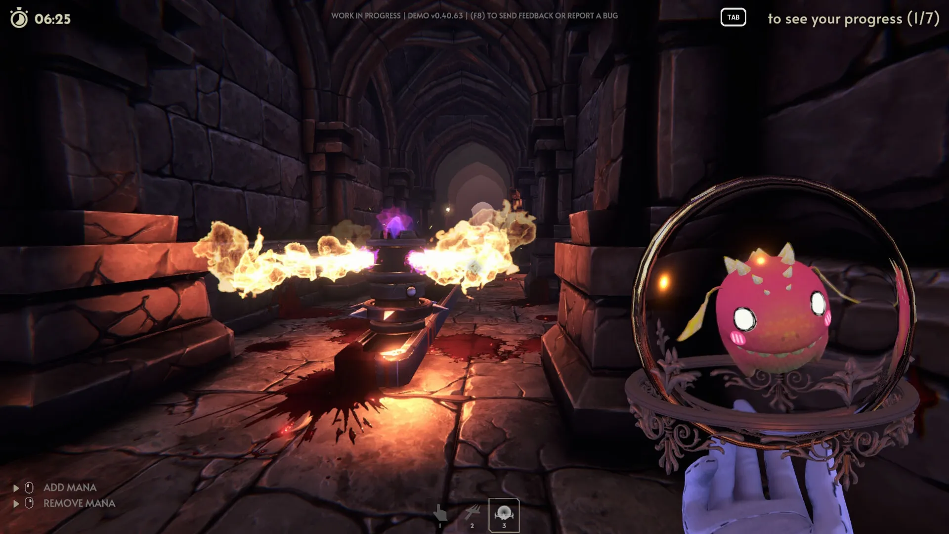 Goblin Cleanup: Player manages flaming traps in a dark dungeon corridor with mana control options visible.