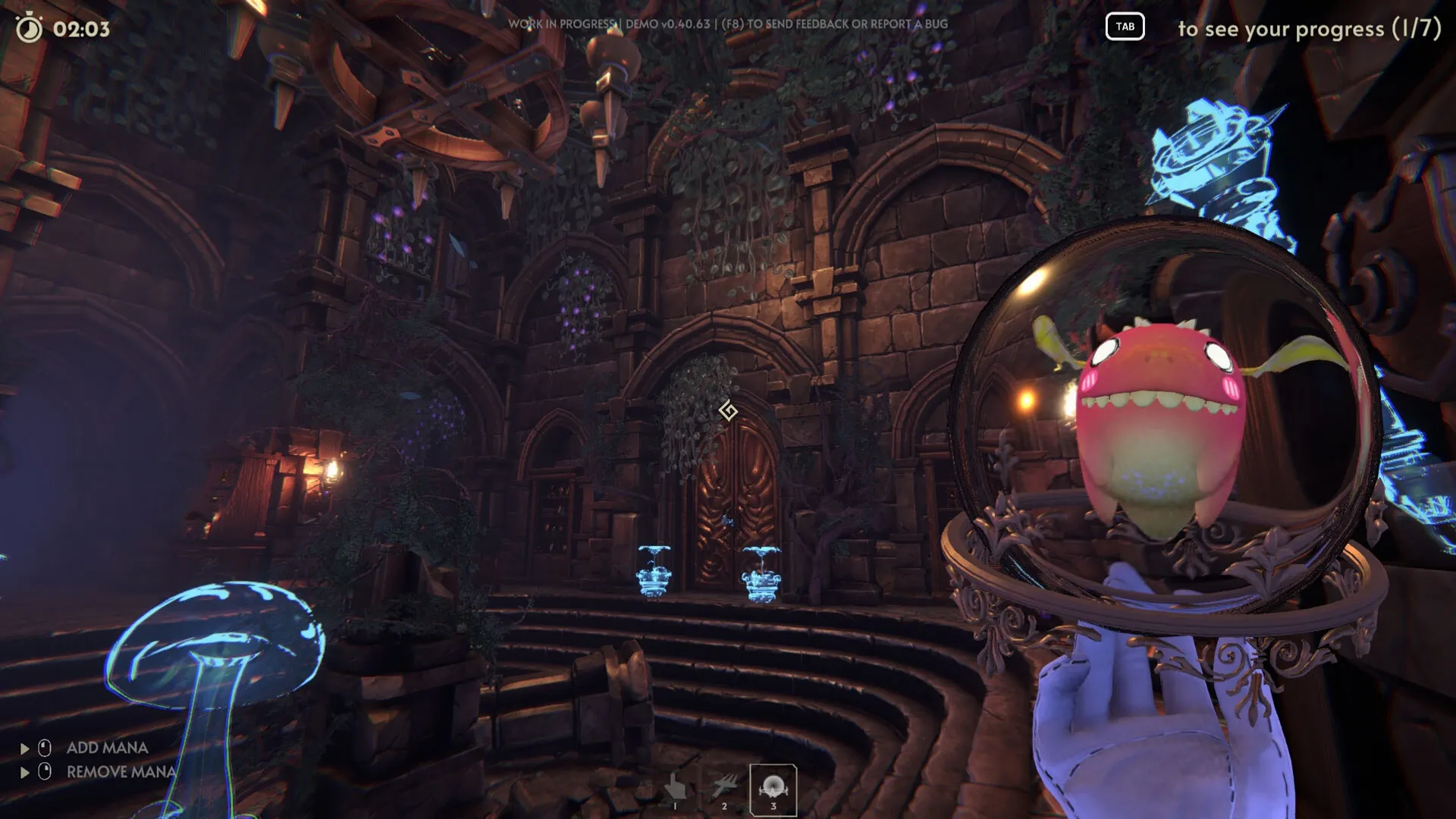 Goblin Cleanup: Player holds creature in ornate frame inside a grand dungeon with glowing mushrooms