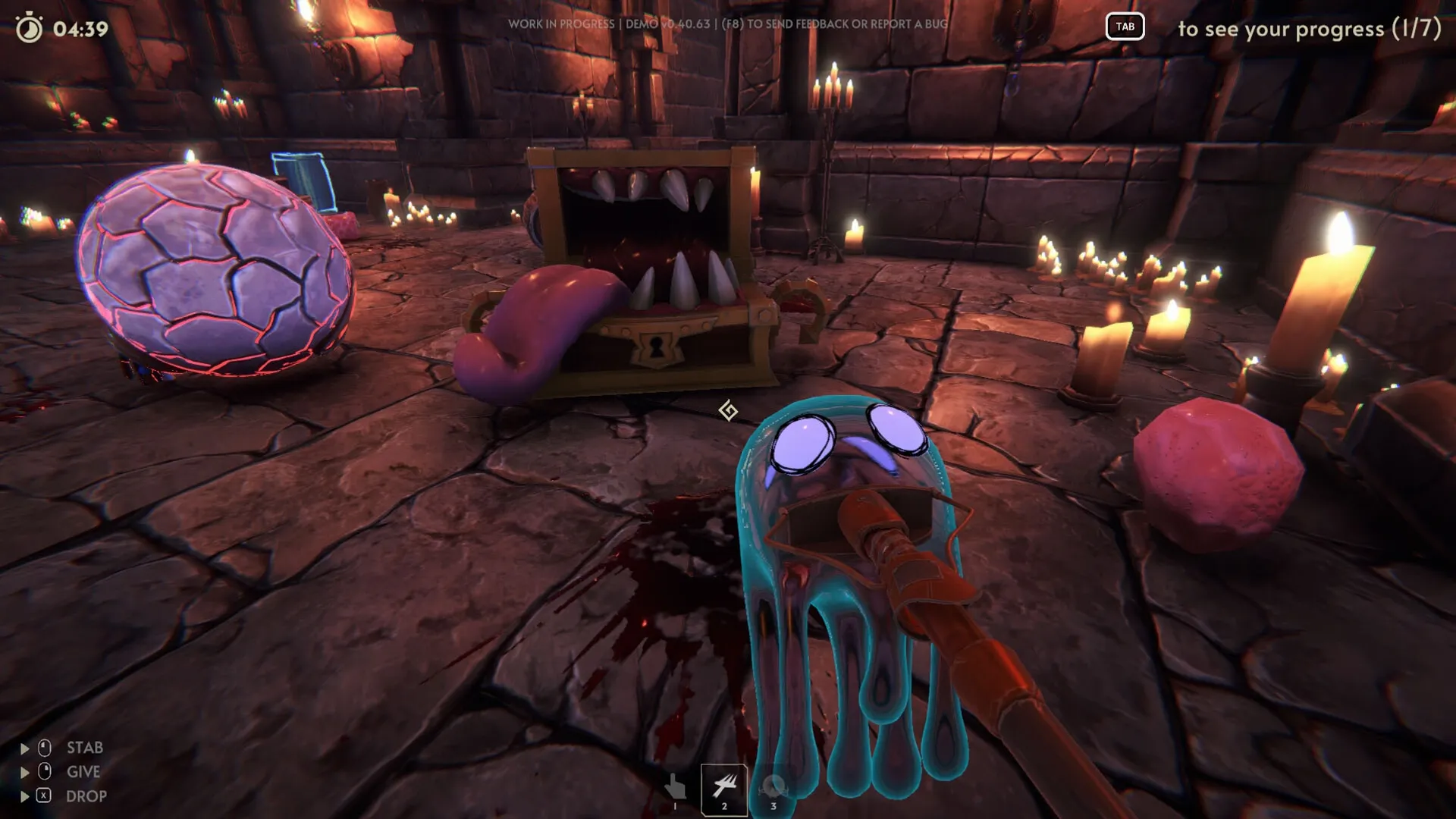 Goblin Cleanup: Player cleaning dungeon floor with gooey mop near mimic chest and glowing egg