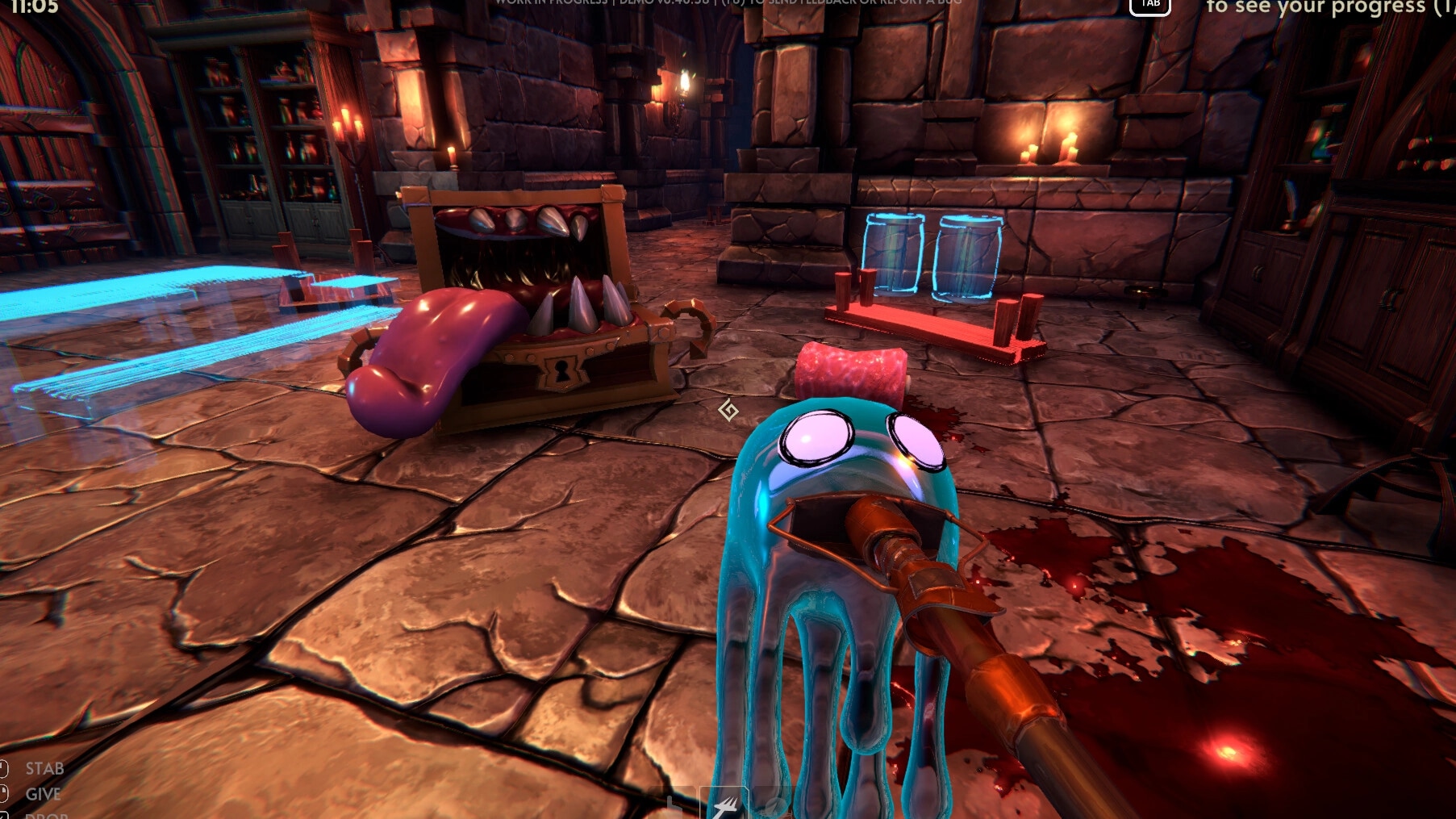 Goblin Cleanup: Slime character using a vacuum in a dimly lit dungeon with treasure and barrels nearby