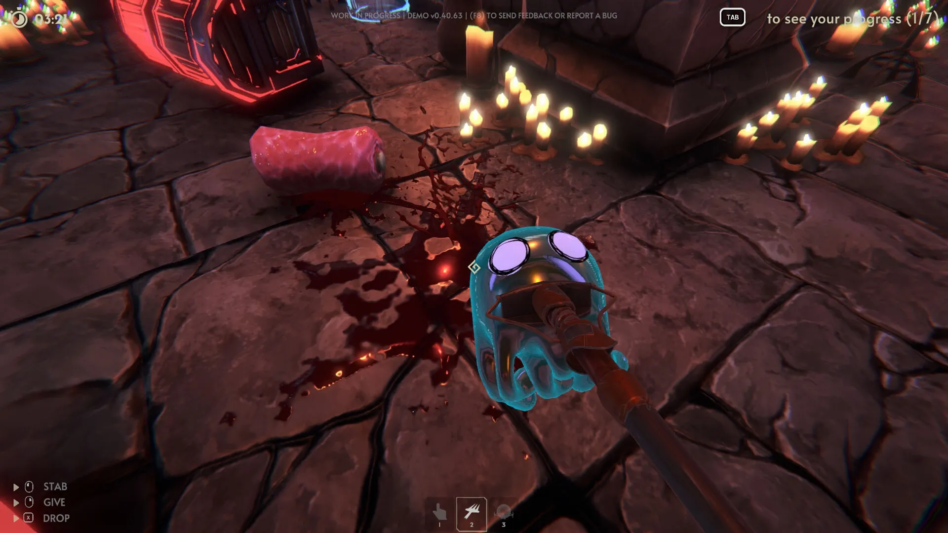Goblin Cleanup: Player mops bloodstains near glowing chest and candles in dungeon corridor.