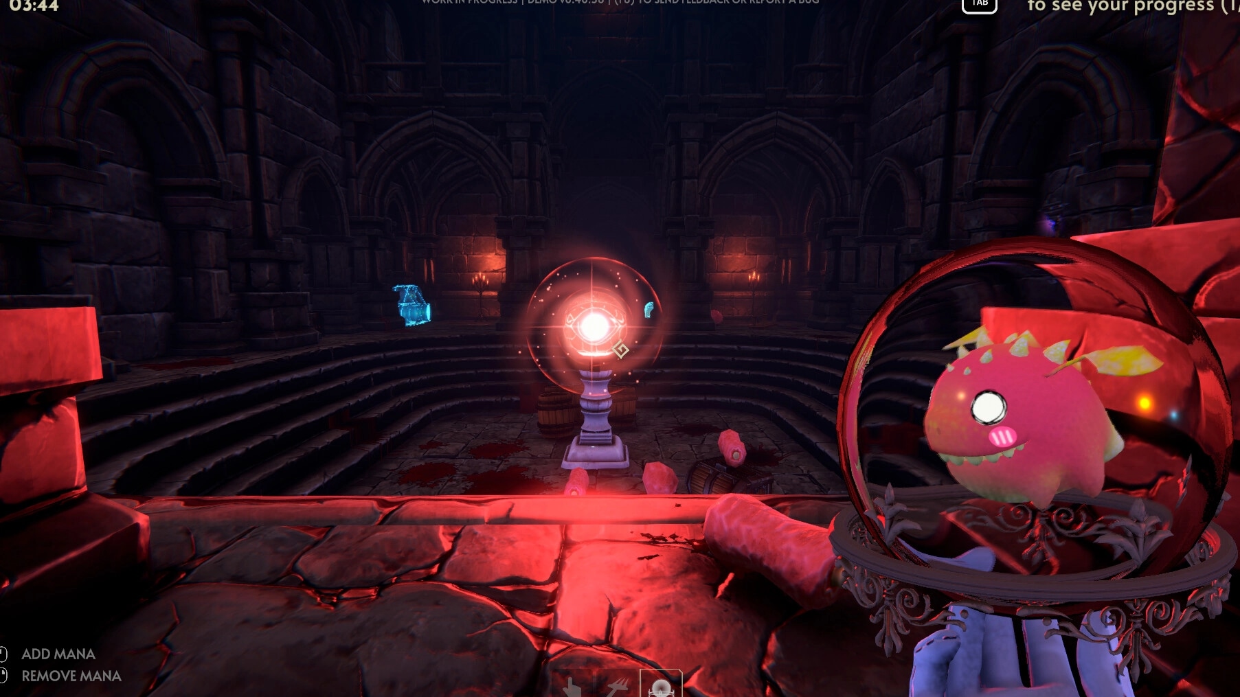 Goblin Cleanup: Pink creature in magic orb with glowing pedestal in ancient dungeon setting