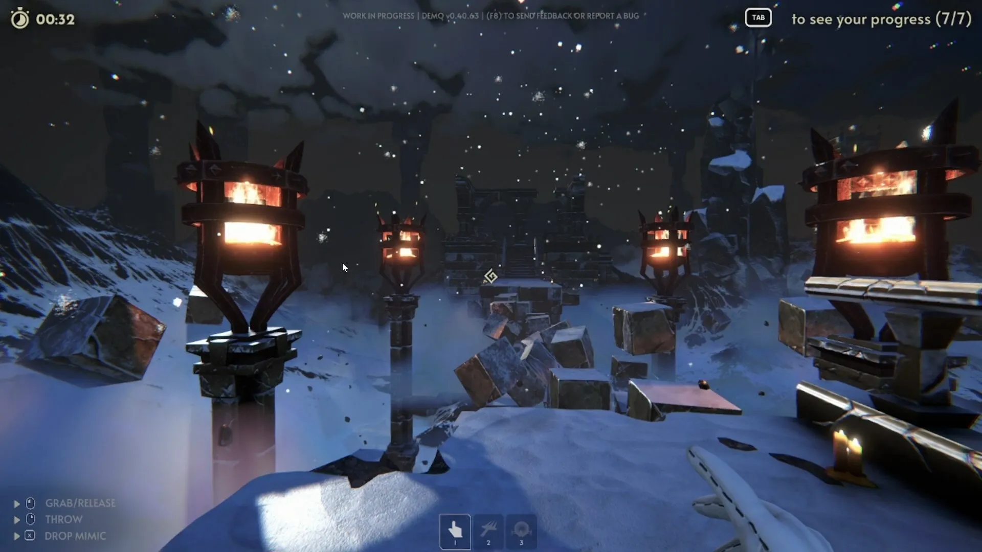 Goblin Cleanup: First-person view in snowy dungeon with burning torches, floating debris, and UI commands.