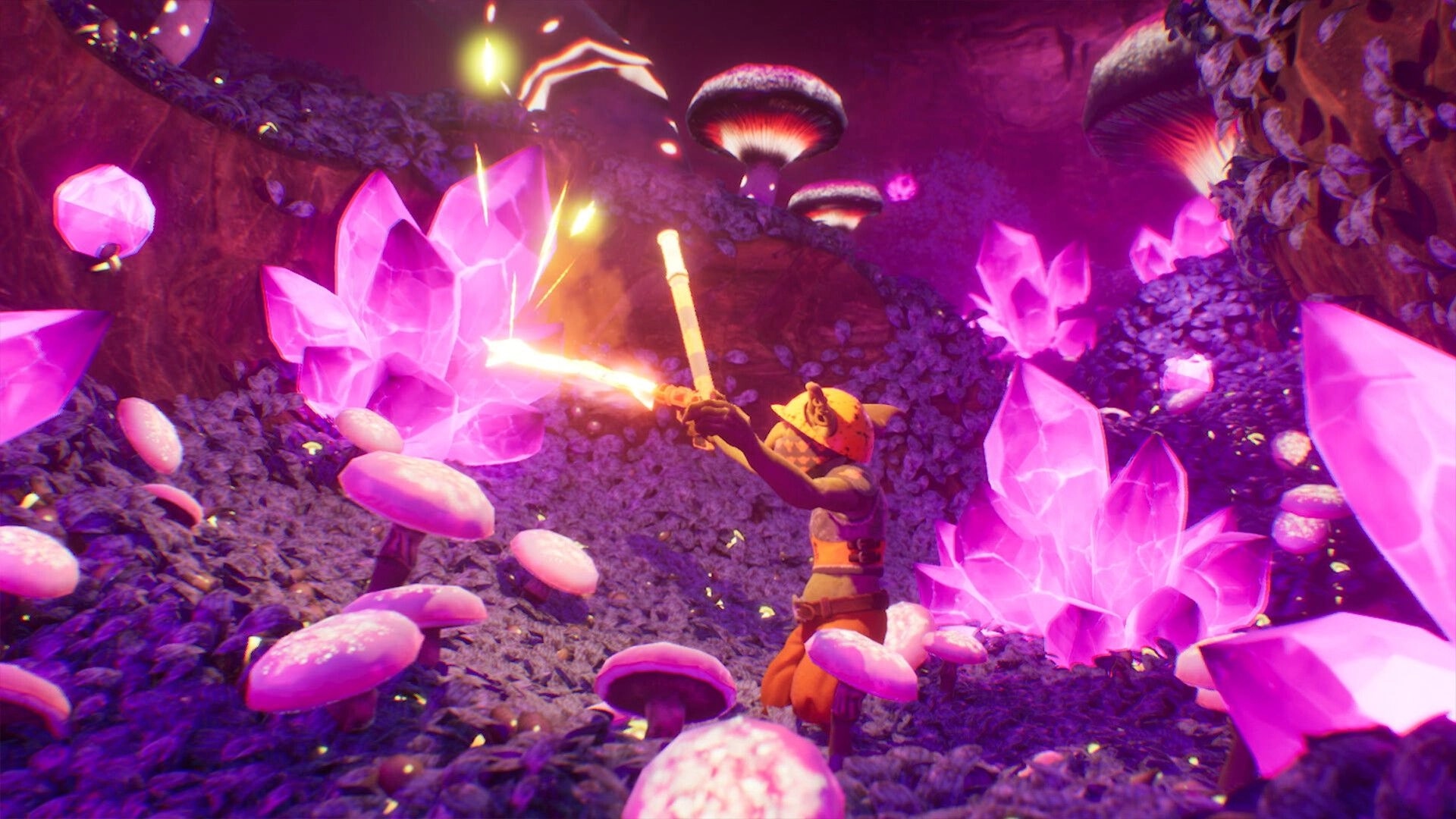 Goblin Company: Goblin miner with torch exploring vibrant cave filled with glowing crystals and mushrooms