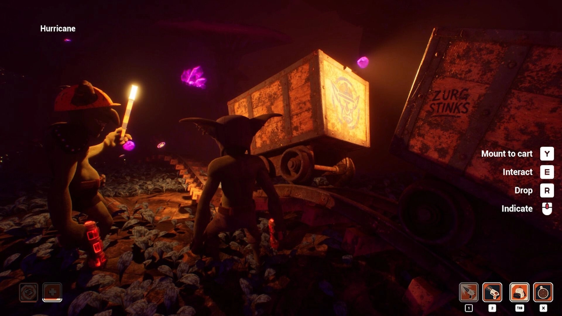 Goblin Company: Goblins explore underground with torch near mine carts and glowing crystals