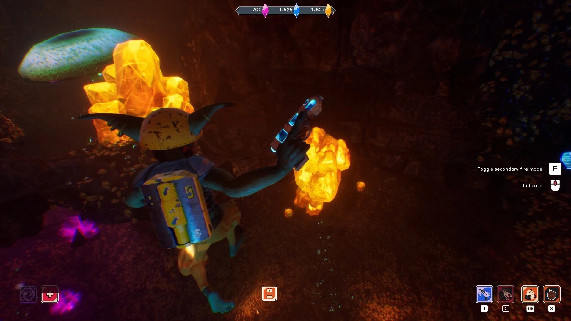 Goblin Company: Goblin miner exploring cave with glowing crystals and interface showing control options