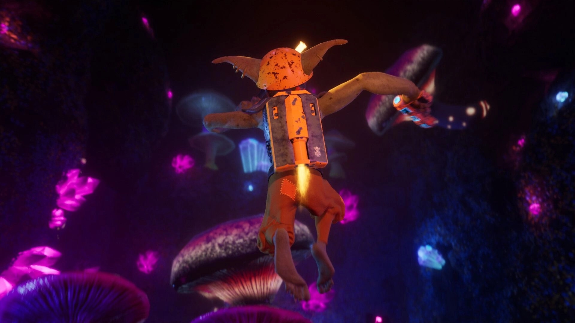 Goblin Company: Goblin miner with jetpack soaring through a glowing cave of giant, luminescent mushrooms