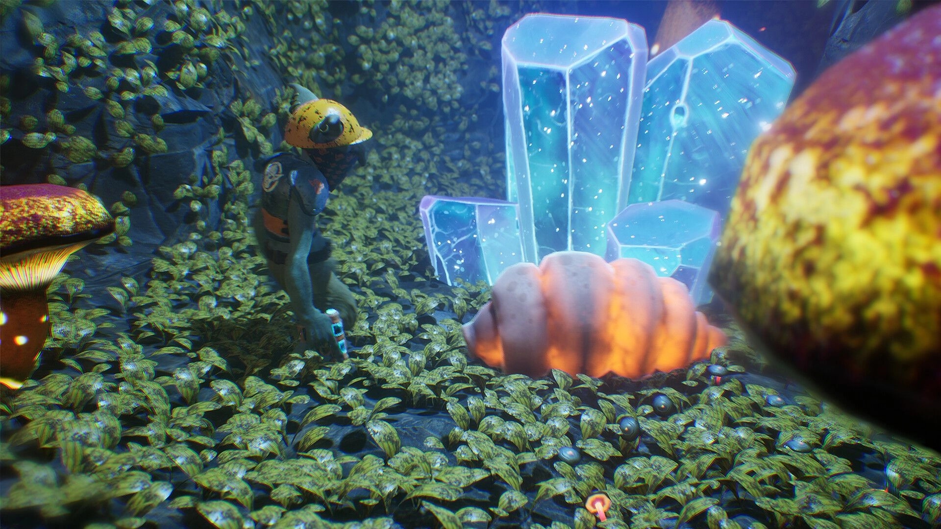 Goblin Company: Goblin miner exploring lush cave with glowing crystals and oversized mushrooms