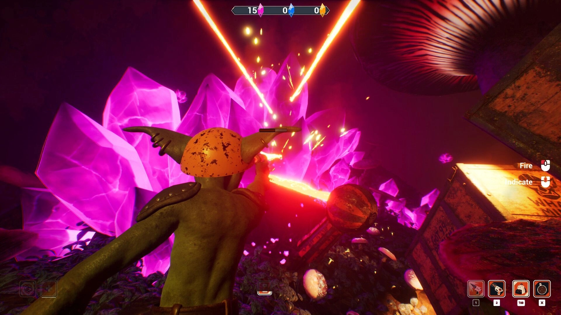 Goblin Company: Goblin miner blasting glowing pink crystals in an underground cave environment
