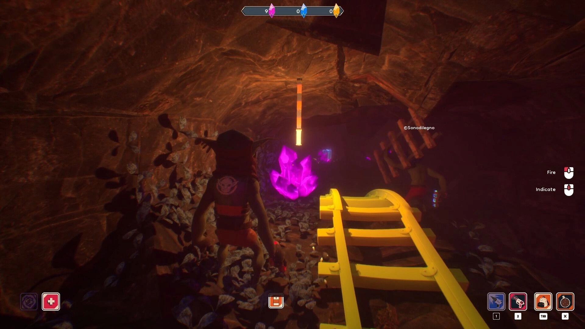 Goblin Company: Goblin miner explores cave with glowing crystals and yellow rail tracks in dark tunnel