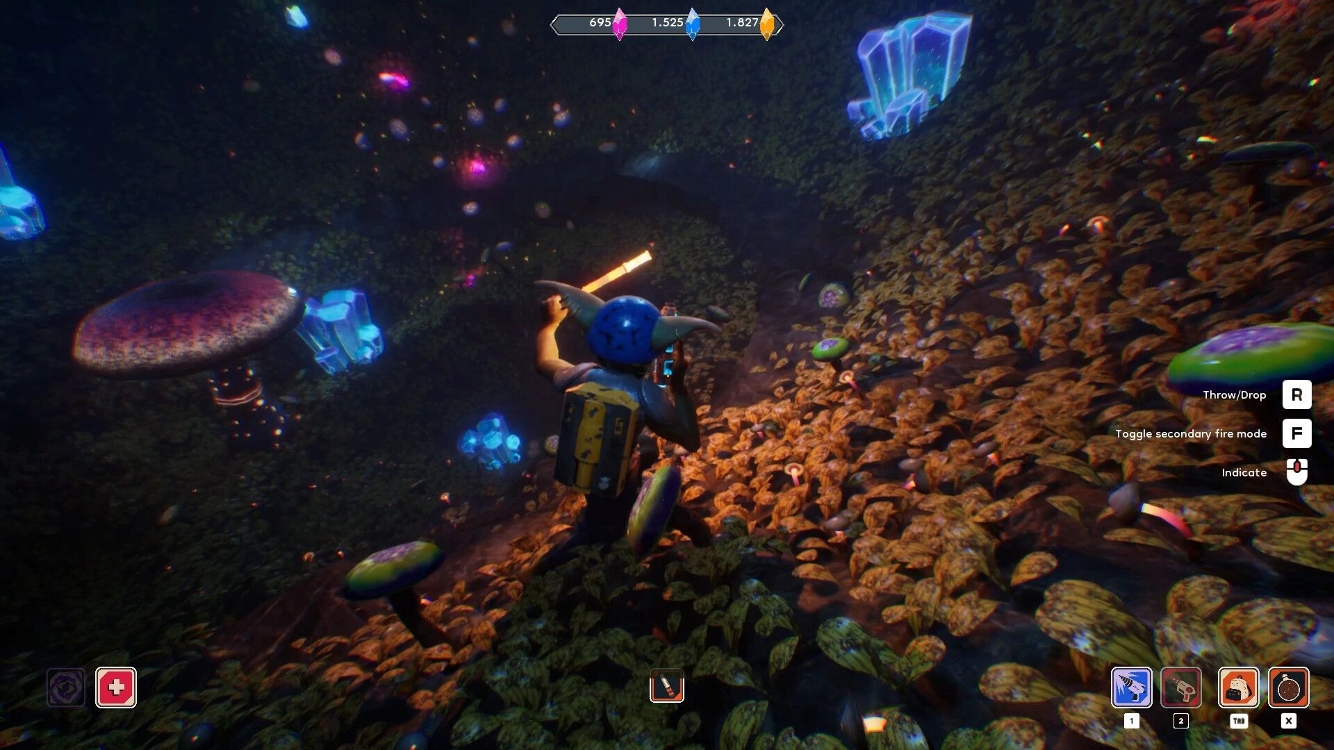 Goblin Company: Goblin miner explores glowing crystal cave with UI for actions and resources visible