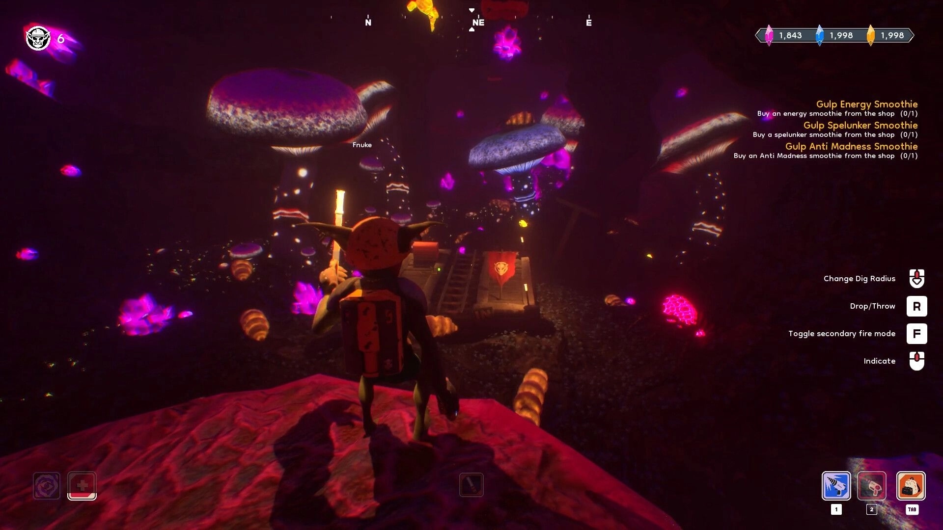 Goblin Company: Goblin miner stands on a rock holding torch in a glowing underground biome with giant mushrooms