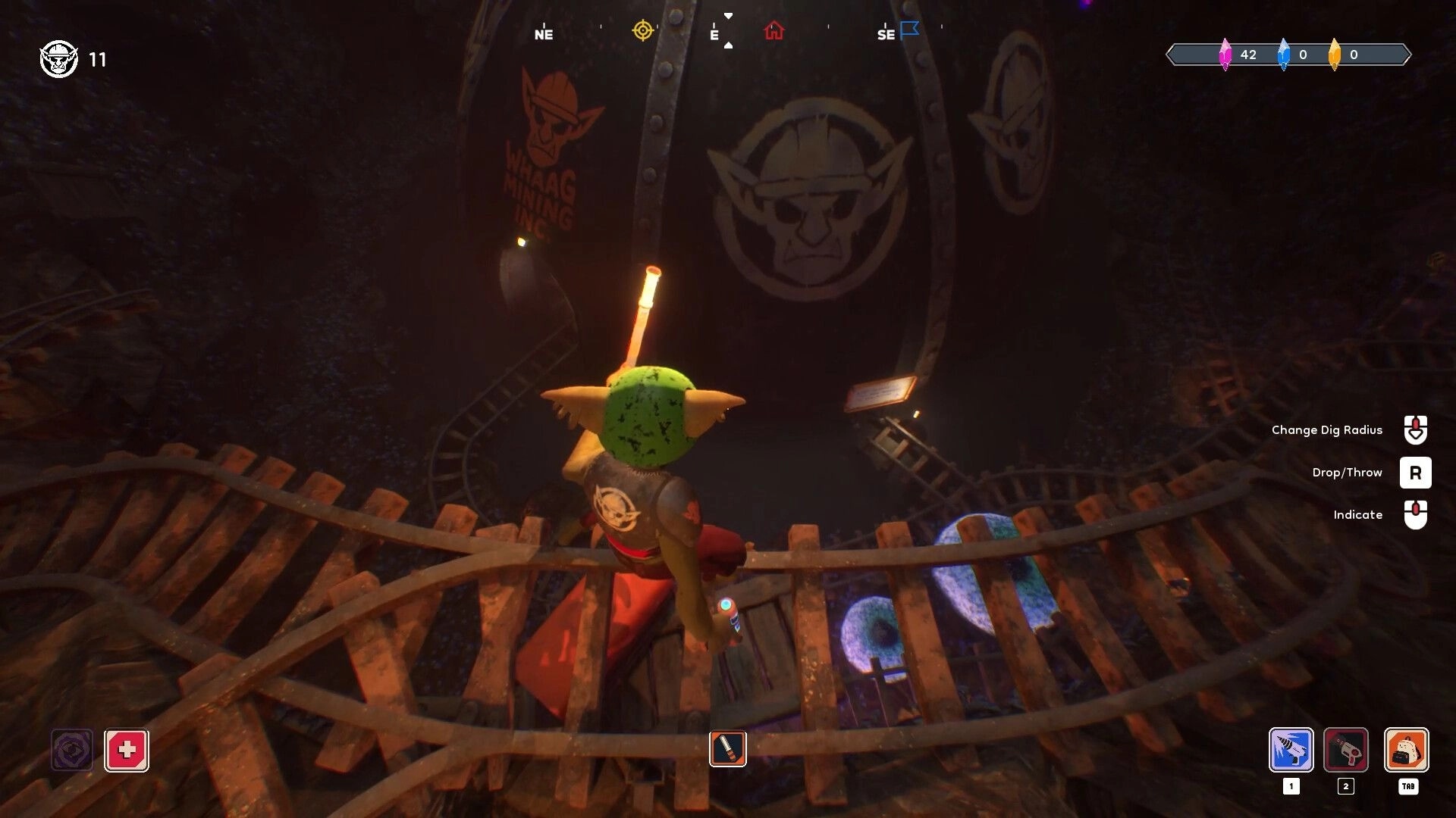 Goblin Company: Goblin miner navigating wooden tracks in dark cave with WHAAG MINING INC logo visible