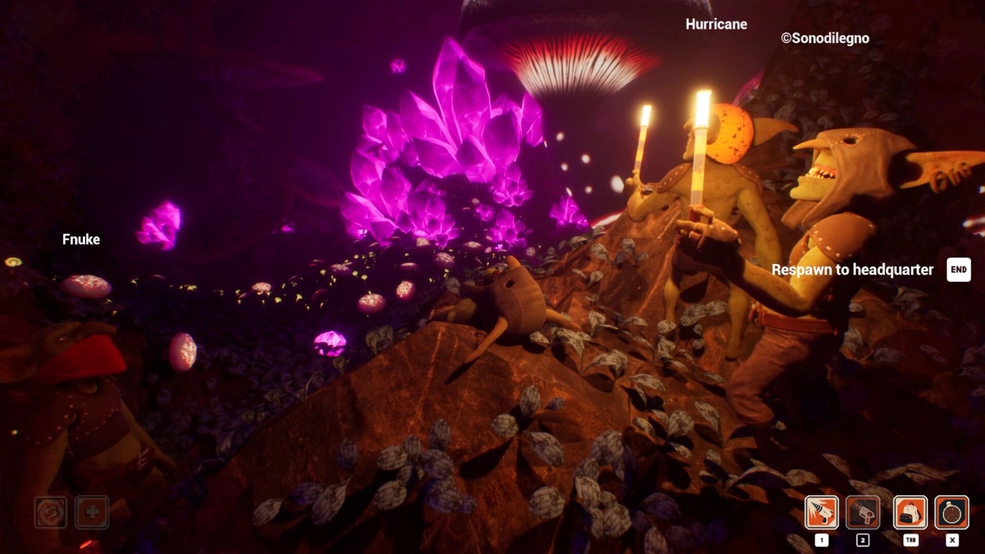 Goblin Company: Two goblins with torches explore a cave with glowing crystals and onscreen UI elements.