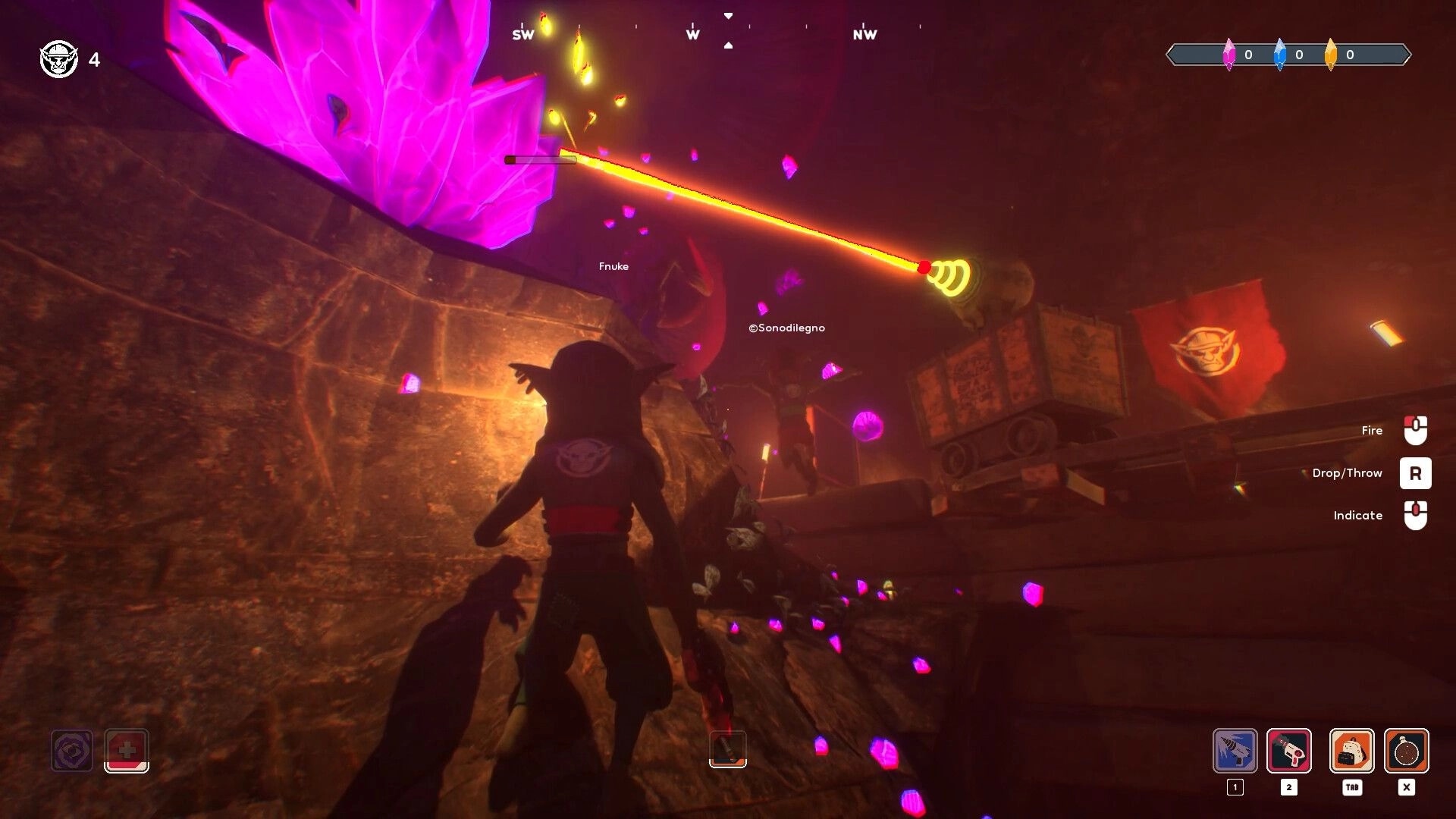 Goblin Company: Goblins navigate glowing cave with crystal formations and mining cart on tracks