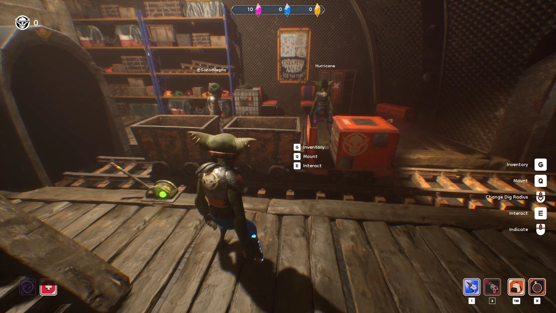 Goblin Company: Goblin miner near rail cart in underground tunnel with inventory and interaction options visible