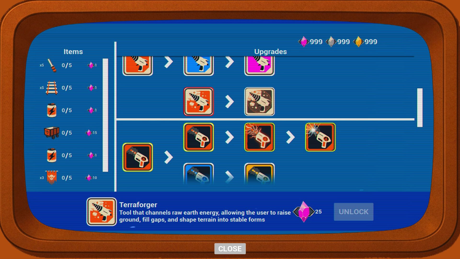 Goblin Company: Upgrade menu with item icons, resource counts, and Terrafoger description on screen