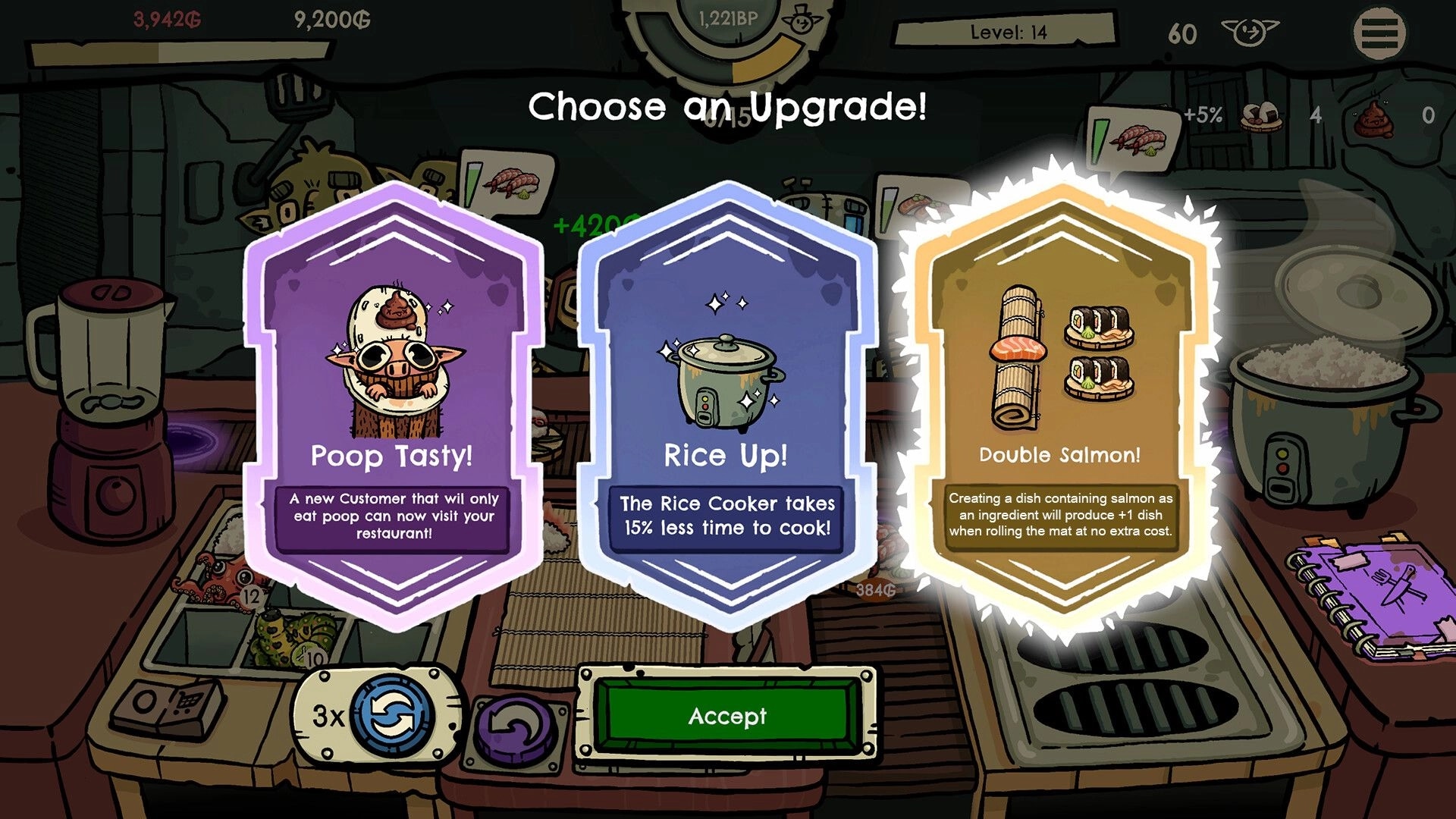 Goblin Sushi: Upgrade selection screen with Poop Tasty, Rice Up, and Double Salmon options in kitchen