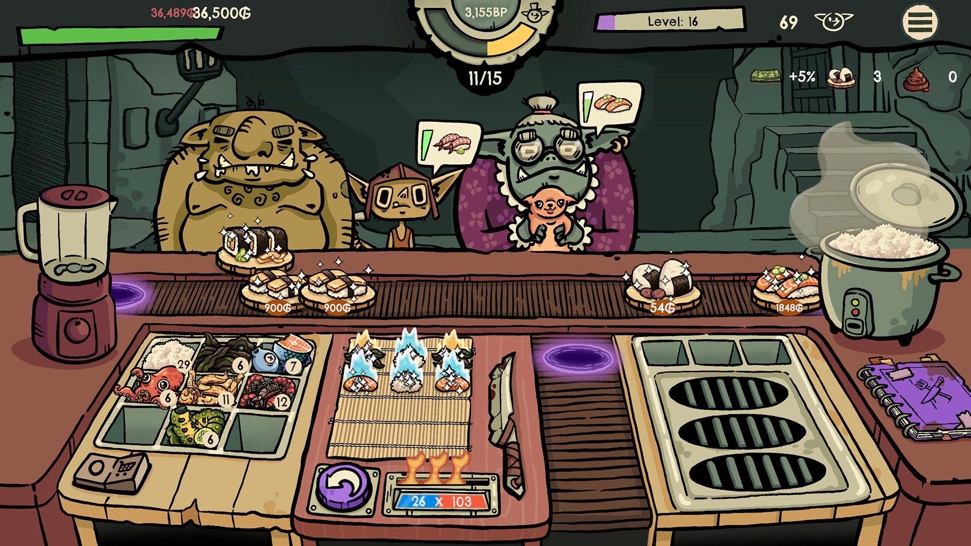 Goblin Sushi: Goblin customers at sushi counter with various sushi dishes, blender, and ingredient trays