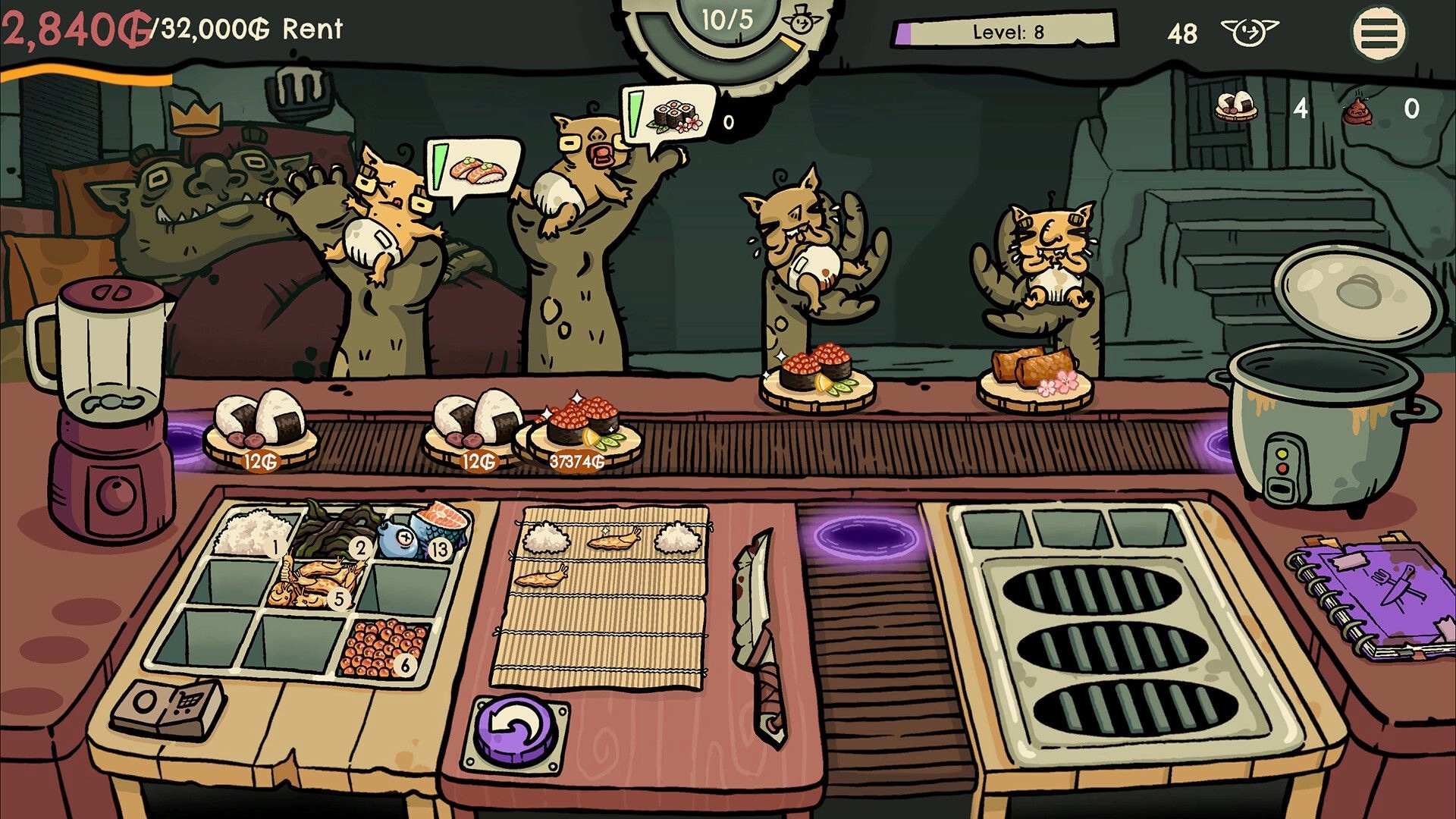 Goblin Sushi: Goblins serving sushi to cat customers in a cave restaurant with visible menu and ingredients.