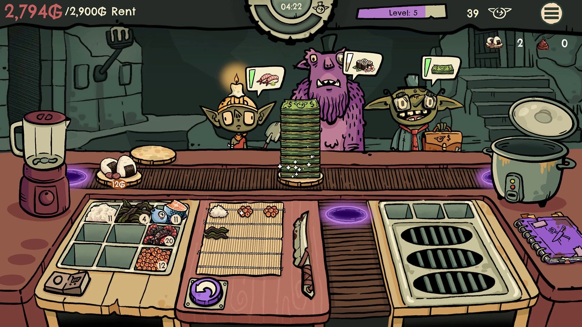 Goblin Sushi: Goblin chef prepares sushi for eager customers in a cave restaurant with sushi ingredients.