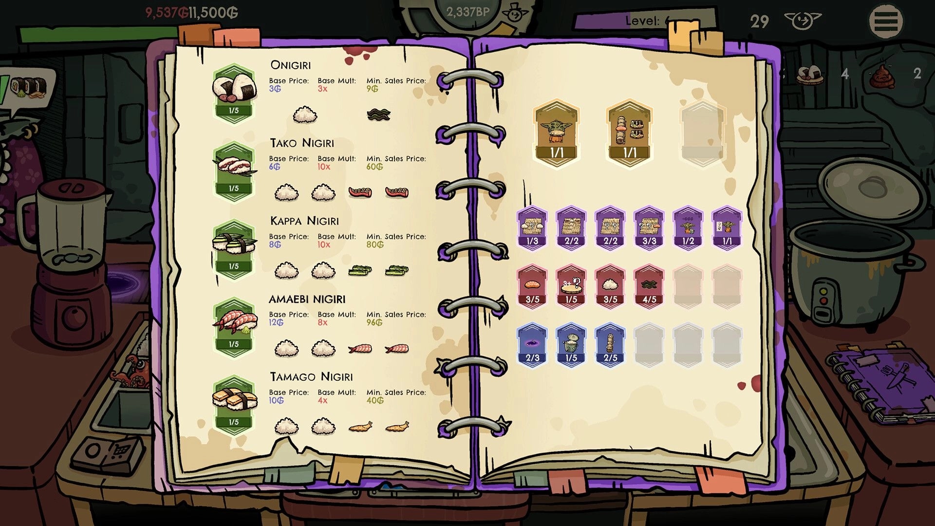 Goblin Sushi: Recipe book open with sushi options and ingredients, kitchen equipment in background.