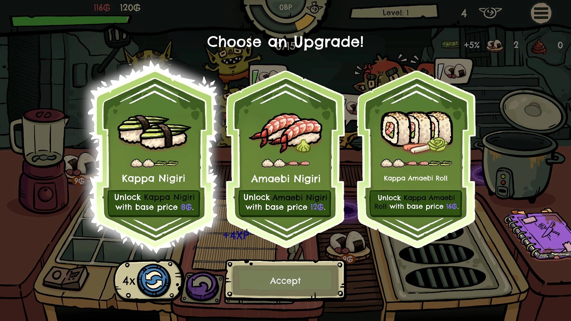 Goblin Sushi: Upgrade selection screen with Kappa, Amaebi Nigiri, and Kappa Amaebi Roll options