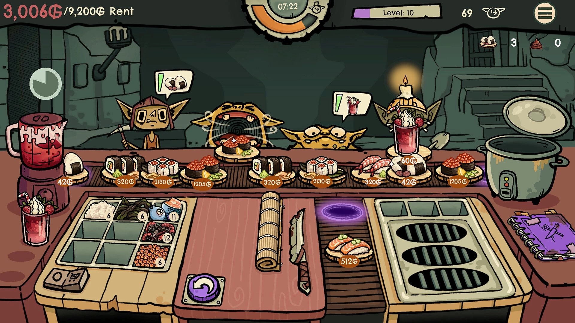 Goblin Sushi: Goblin chefs prepare sushi at a busy counter with various dishes and ingredients in a cave.