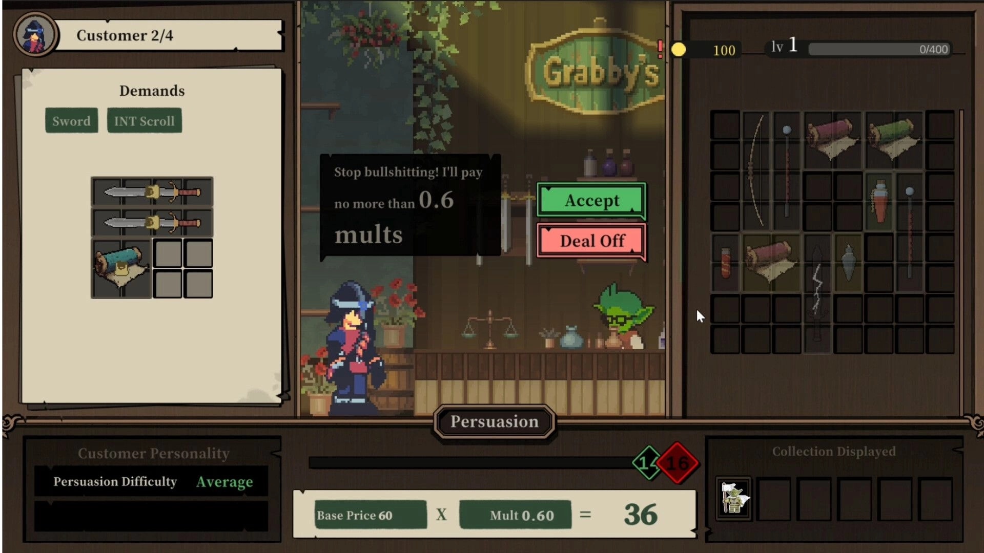 Goblin Vyke: Merchant haggles with customer over swords and scrolls at Grabby's shop inventory screen.