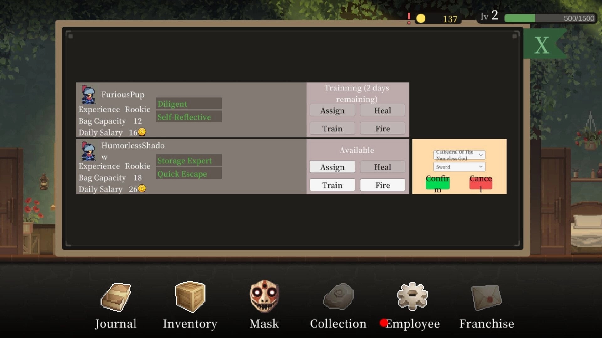 Goblin Vyke: Employee management interface with character stats and options in a cozy room setting