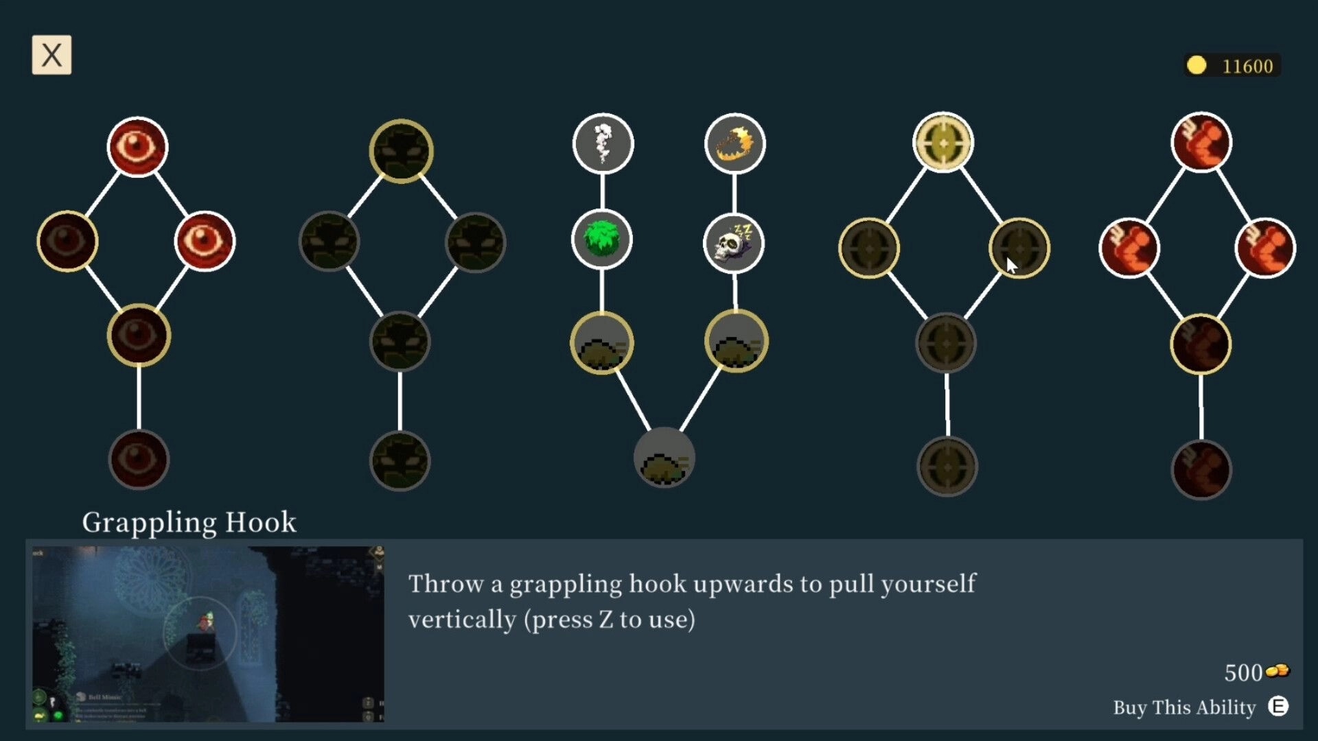 Goblin Vyke: Skill tree menu with grappling hook ability highlighted, showing upgrade paths available.