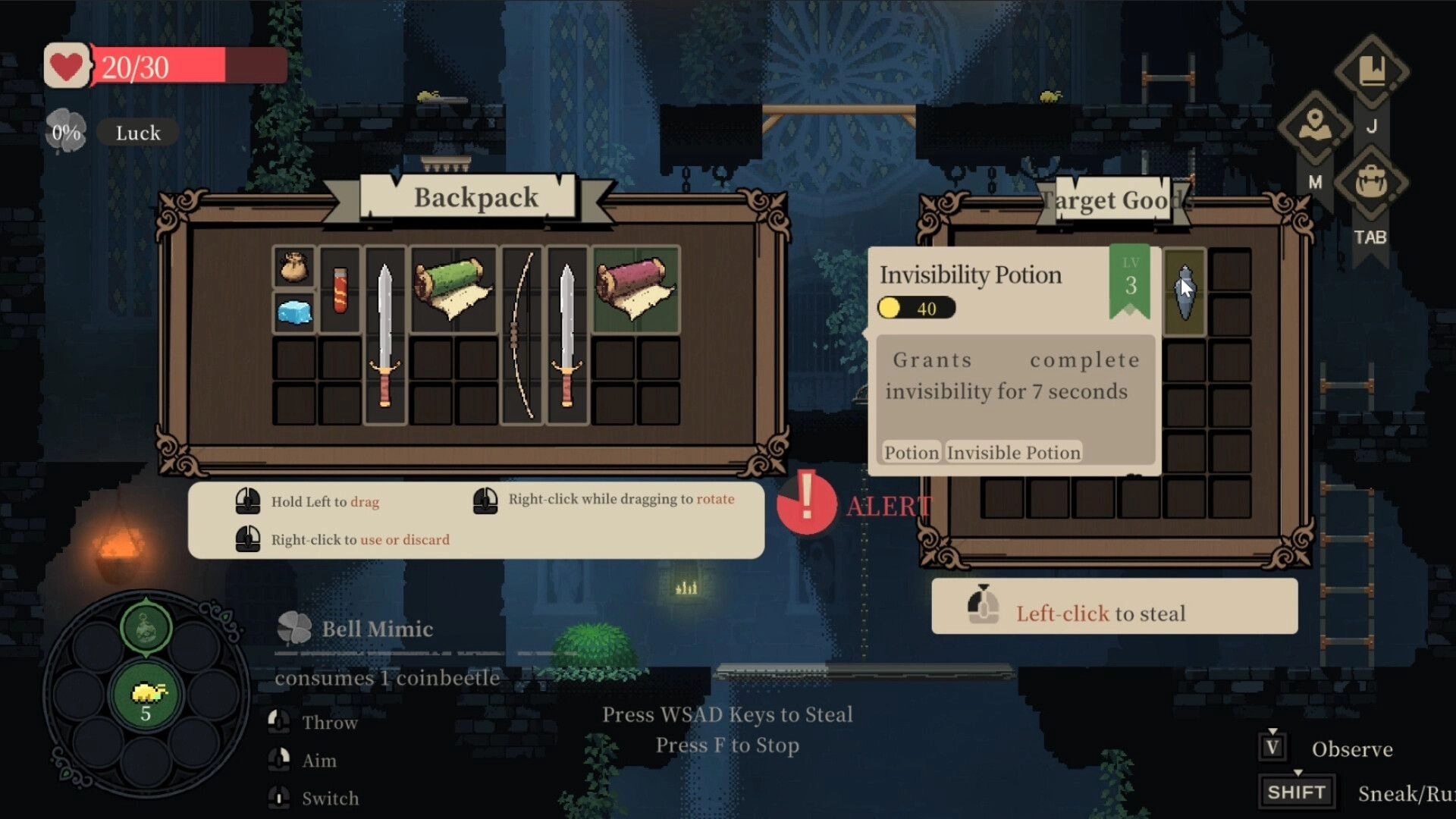 Goblin Vyke: Inventory and invisibility potion menu in a dark dungeon environment with alert status.