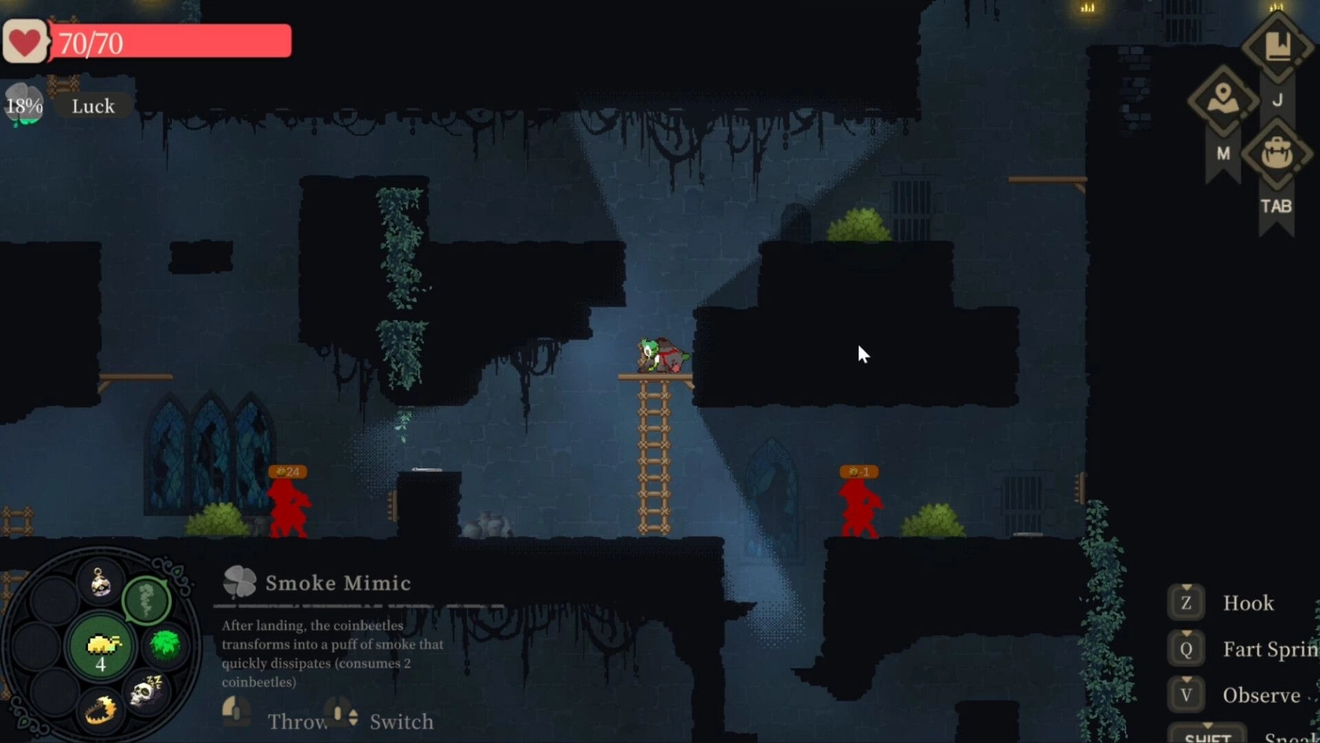 Goblin Vyke: Sneaking on a ladder in a dark dungeon with health bar and inventory menu visible