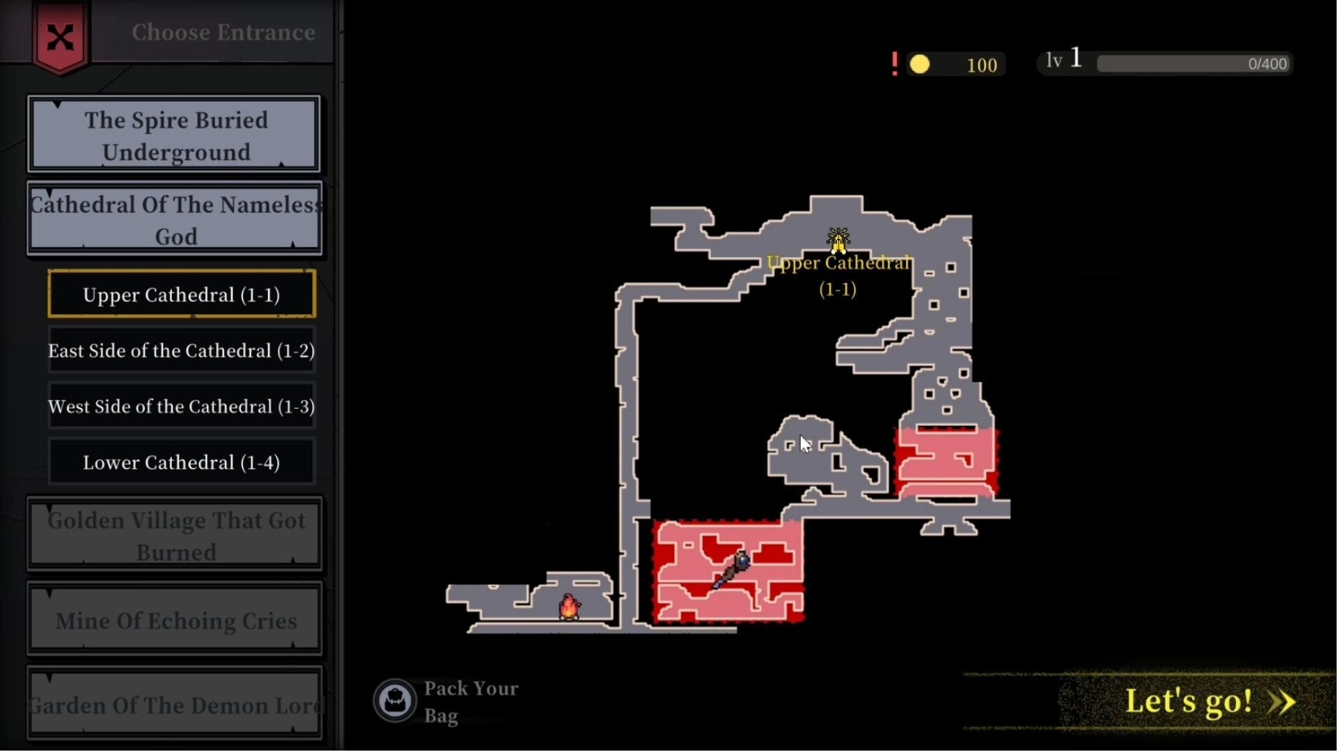 Goblin Vyke: Dungeon map with highlighted Upper Cathedral route and level selection menu on the left.