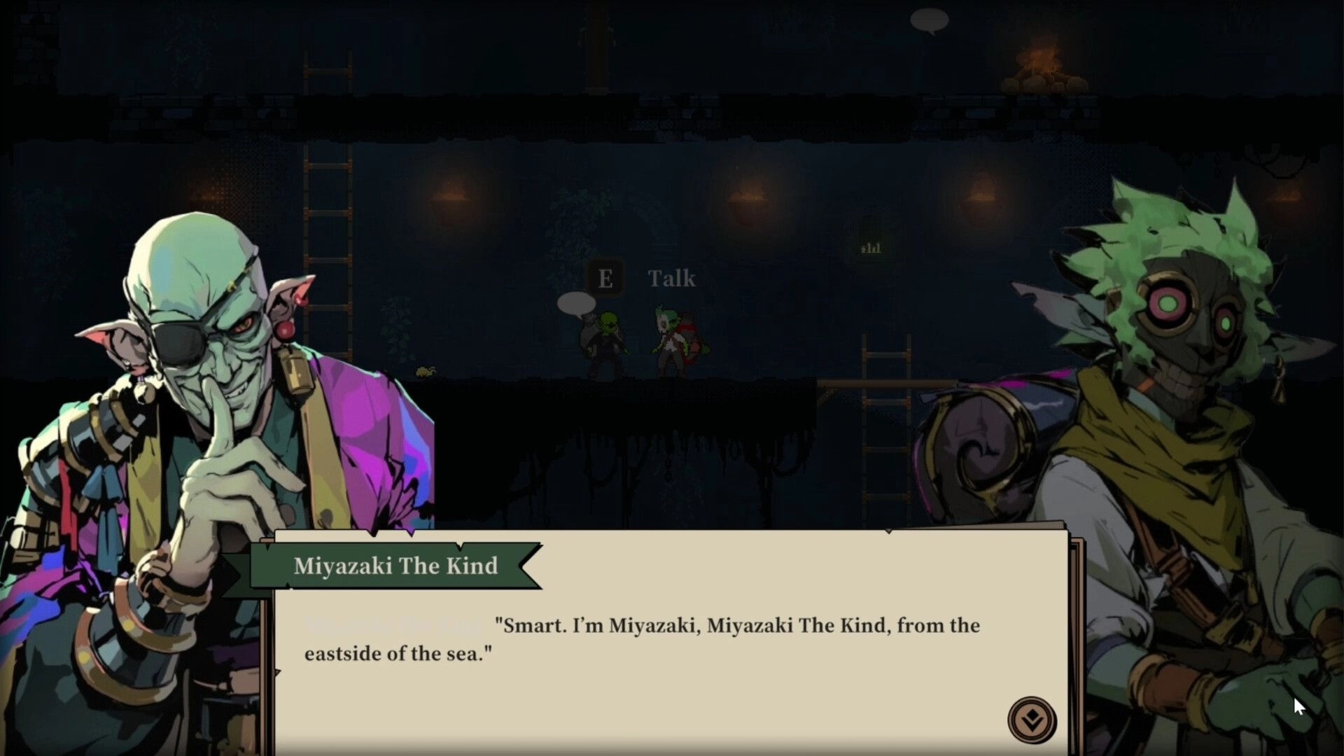 Goblin Vyke: Miyazaki The Kind dialogue with two goblins in a dark dungeon setting with ladders.
