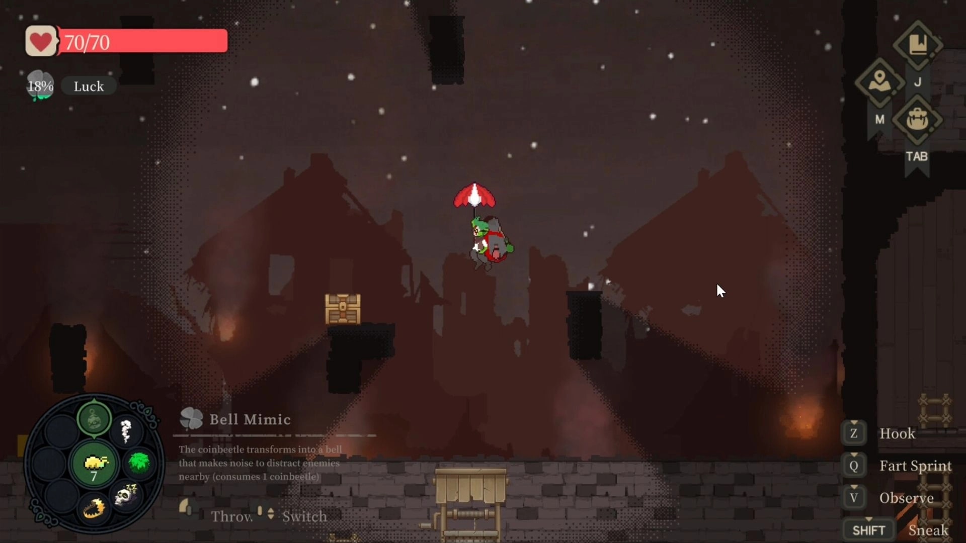 Goblin Vyke: Parachuting goblin above ruined village with health bar and abilities menu visible