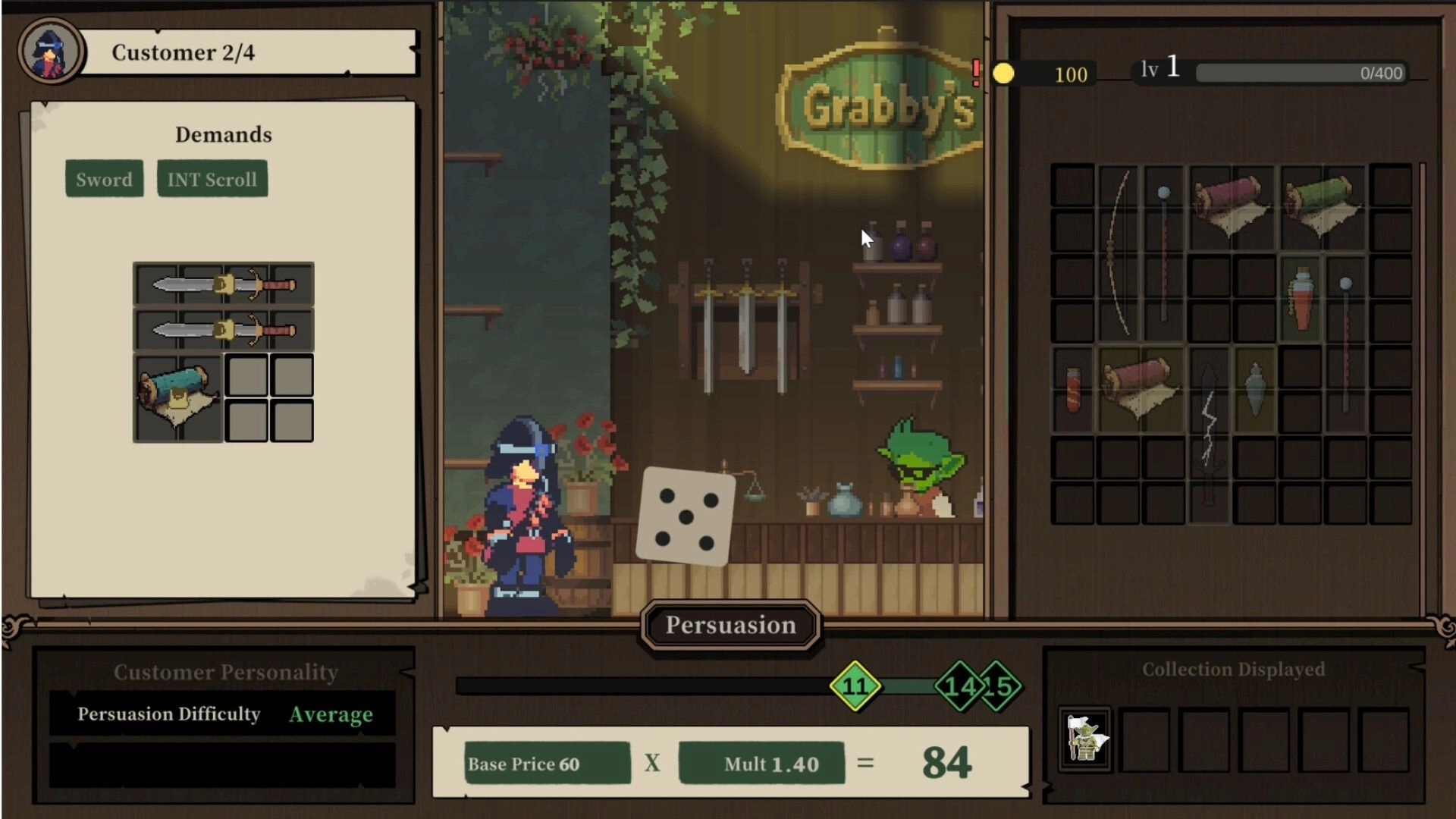Goblin Vyke: Merchant haggling with a blue-cloaked customer inside Grabby's shop, inventory displayed