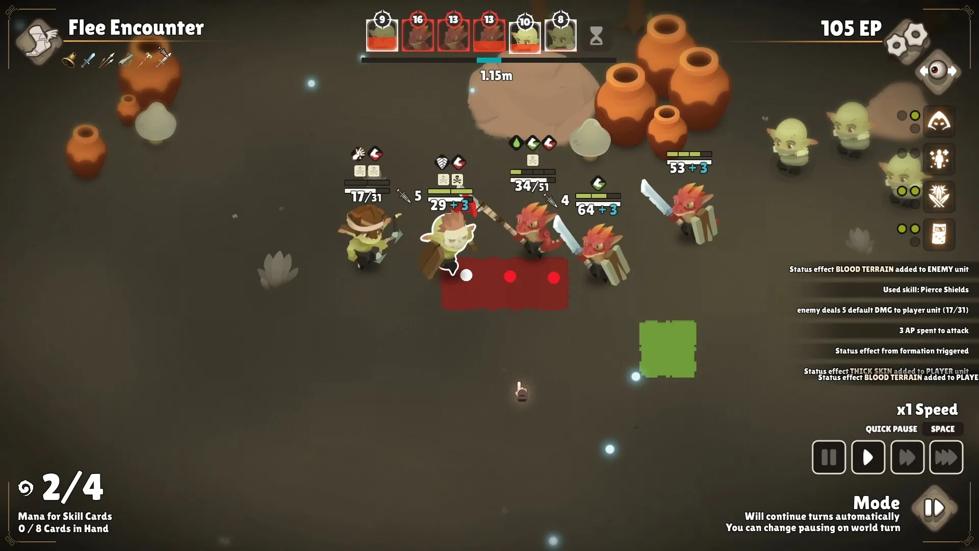 Gobocore: Goblin squad in desert area facing enemies, HUD shows health, skills, and terrain effects.