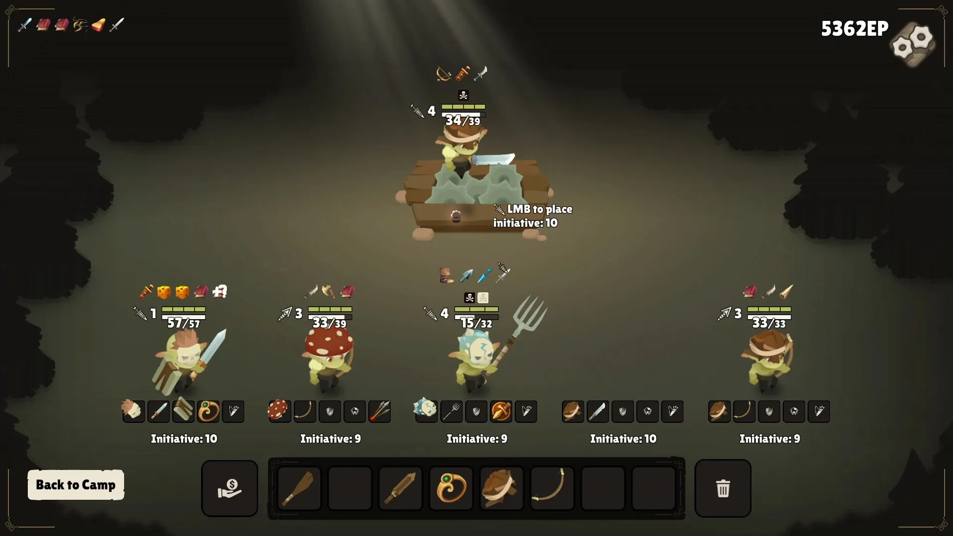 Gobocore: Goblins with weapons in a forest clearing, showing initiative order and health bars.
